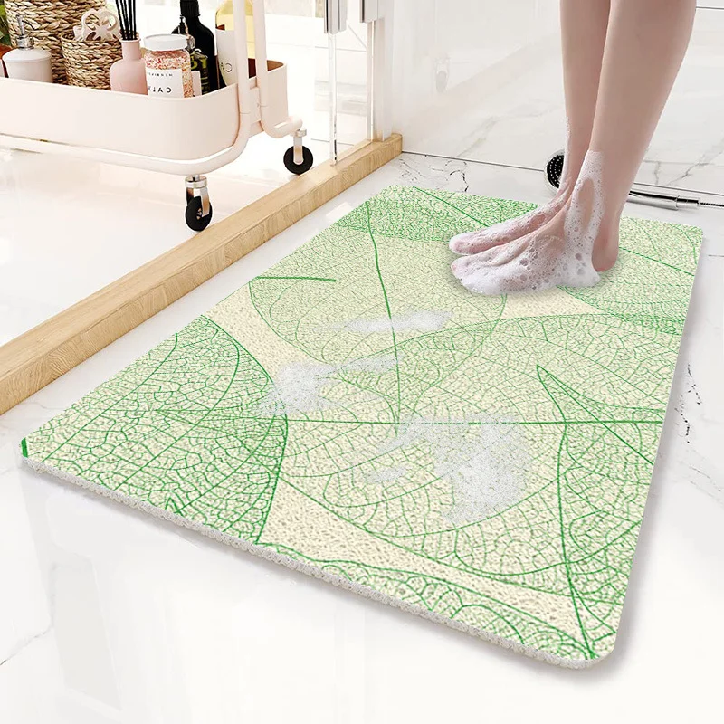Green Leaves Pattern PVC Non-Slip Bath Mat 45x75cm - Shower Drain Hole Design, Soft & Quick-Dry Bathroom Rug