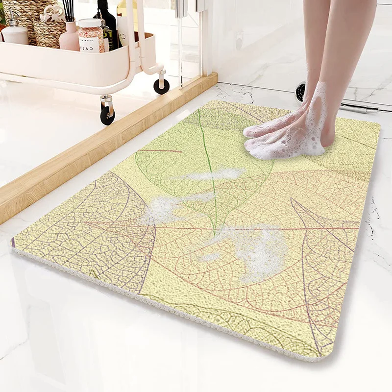 Yellow Leaves Pattern PVC Non-Slip Bath Mat 50x80cm - Shower Drain Hole Design, Soft & Quick-Dry Bathroom Rug