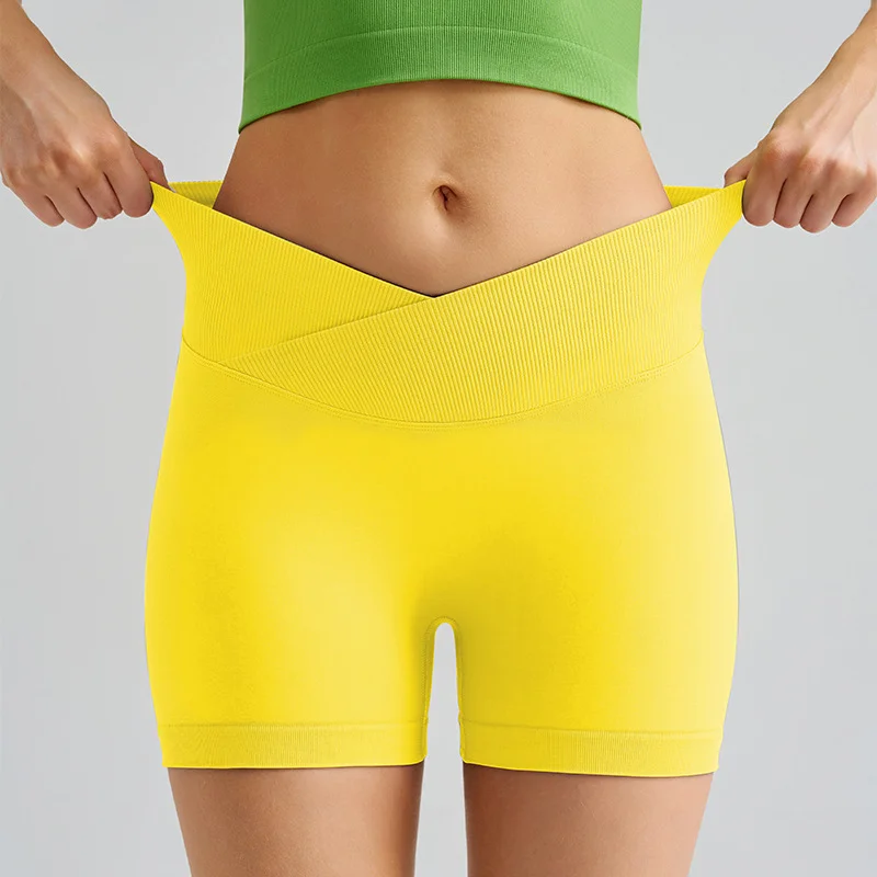 Lemon Yellow Yoga Shorts - Seamless, High Waist, Tummy Control Size L