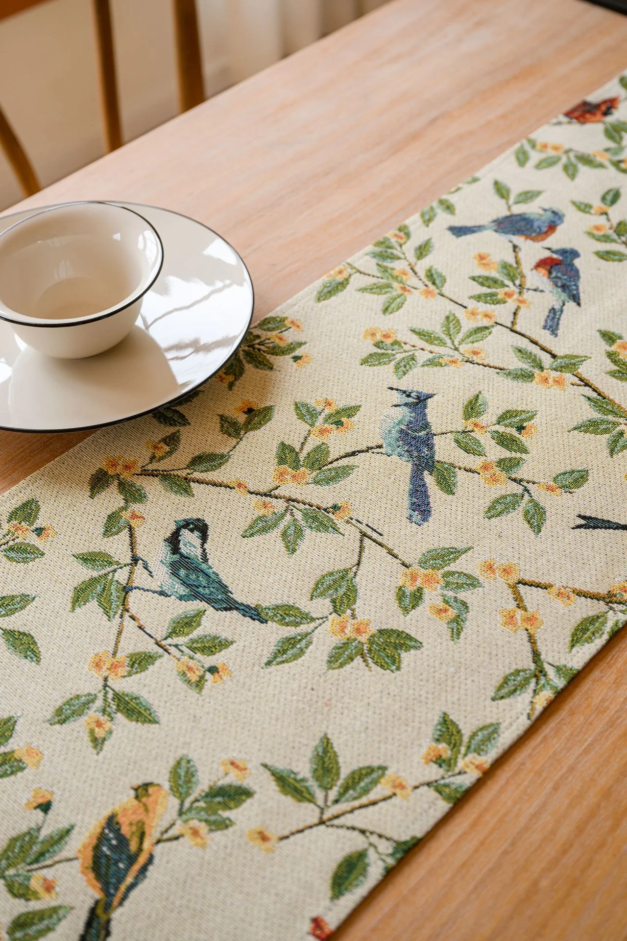 Birds & Branch Table Runner - Jacquard Woven Beige with Tassels(33X400CM)