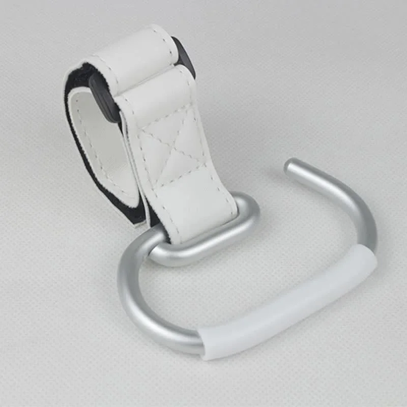 White Stroller Hooks 4-Pack - Leather and Alloy Pram Hooks with Velcro for Mom Bags and Accessories