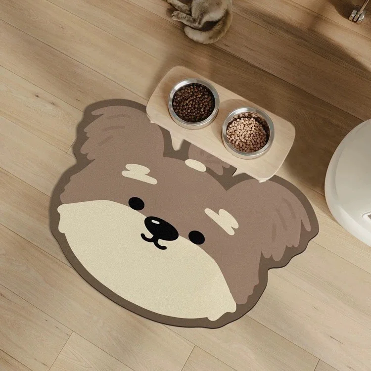 2 Pcs Style 3 Brown Puppy pattern Cartoon Pet Feeding Mat for Cats & Dogs - Absorbent Diatom Mud Splash-Proof Mat, Easy to Clean