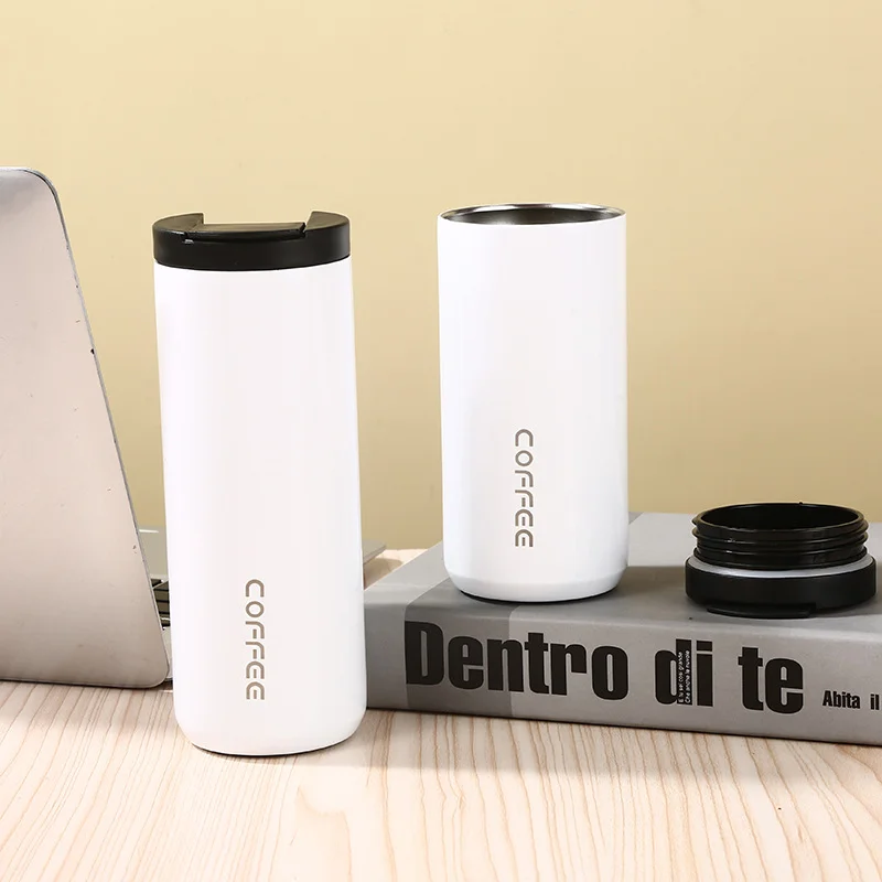 White Sleek Insulated Stainless Steel Coffee Tumbler Set (400ml & 500ml) - One-Touch Lid Travel Mugs