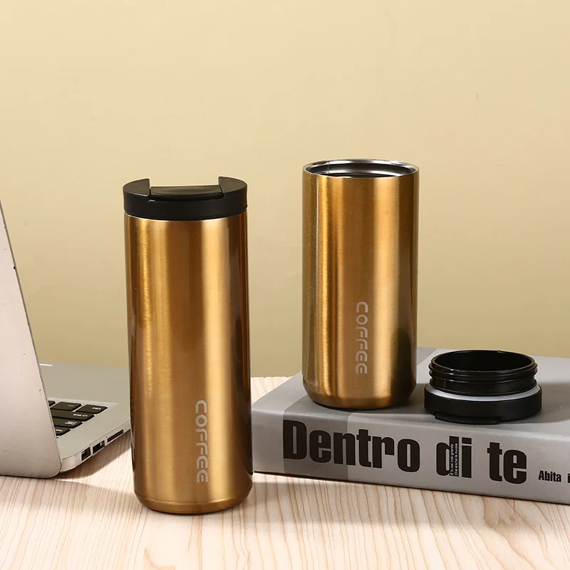 Gold Sleek Insulated Stainless Steel Coffee Tumbler Set (400ml & 500ml) - One-Touch Lid Travel Mugs