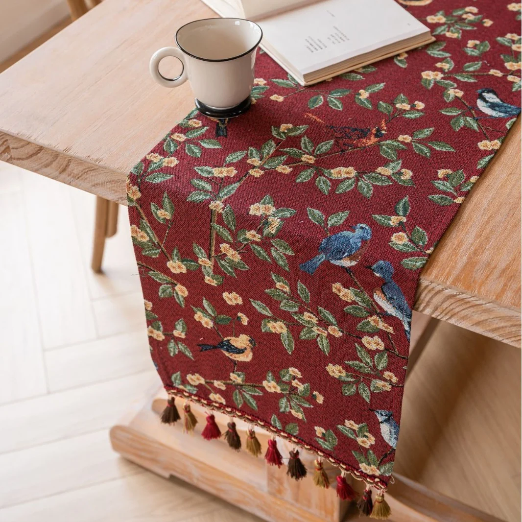 Jacquard Date Red Two Orioles 33-180cm Elegant Geometric Jacquard Table Runner with Tassels - Modern Dining & Coffee Table Decor