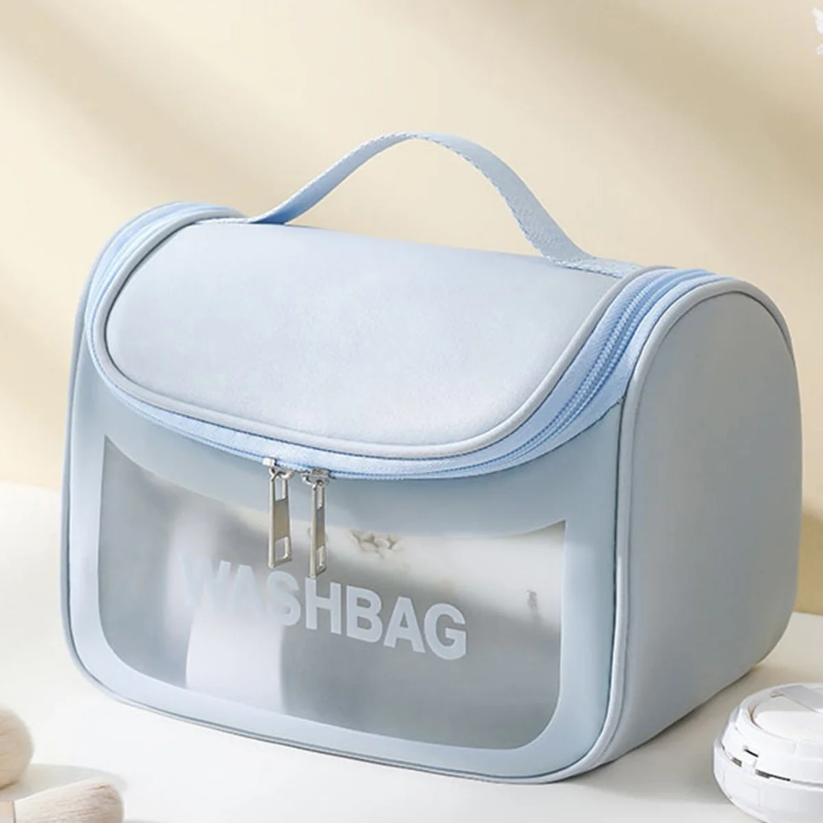 PVC Transparent Cosmetic Bag,Waterproof Portable Travel Organizer with Handle(Sky blue)
