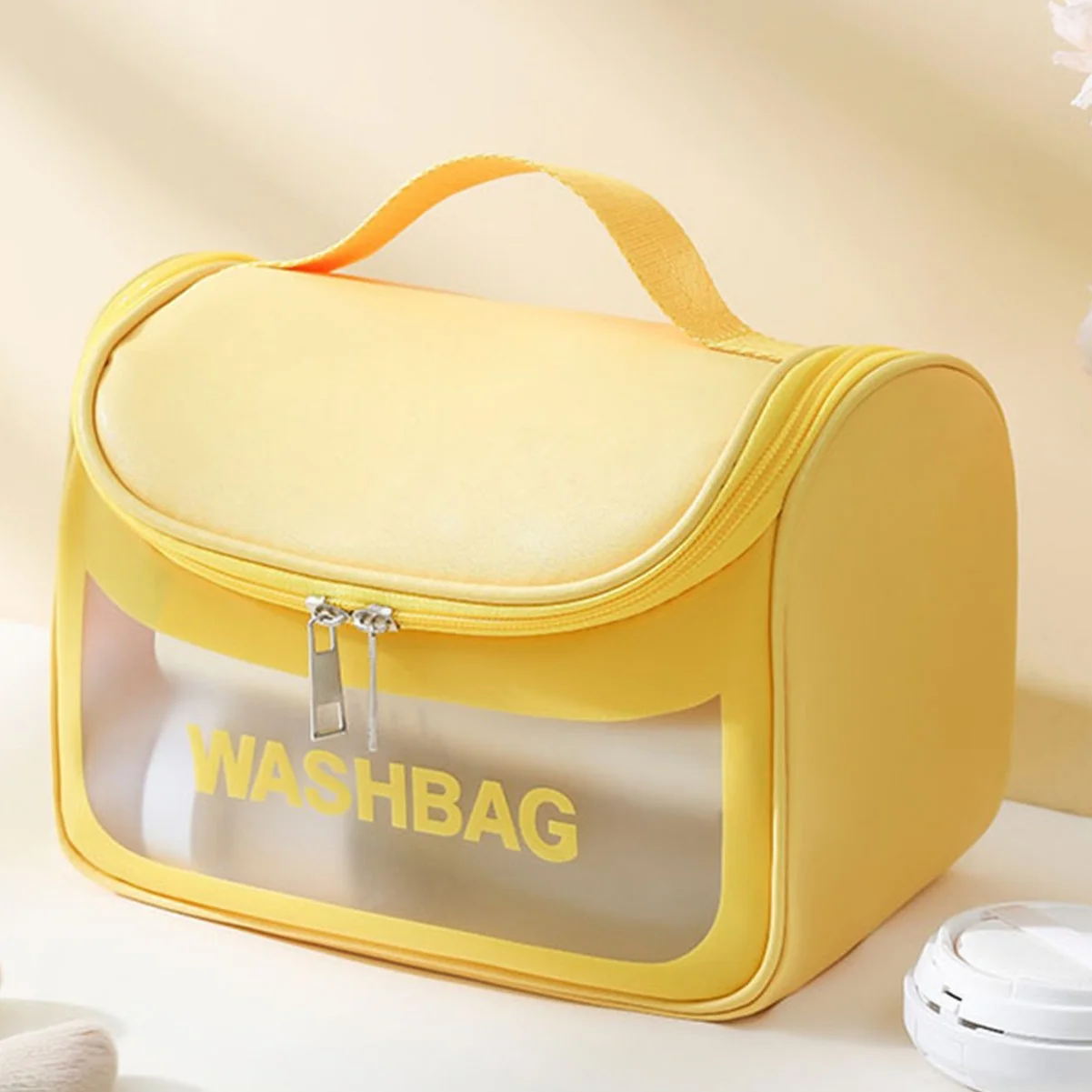 PVC Transparent Cosmetic Bag,Waterproof Portable Travel Organizer with Handle(Yellow)