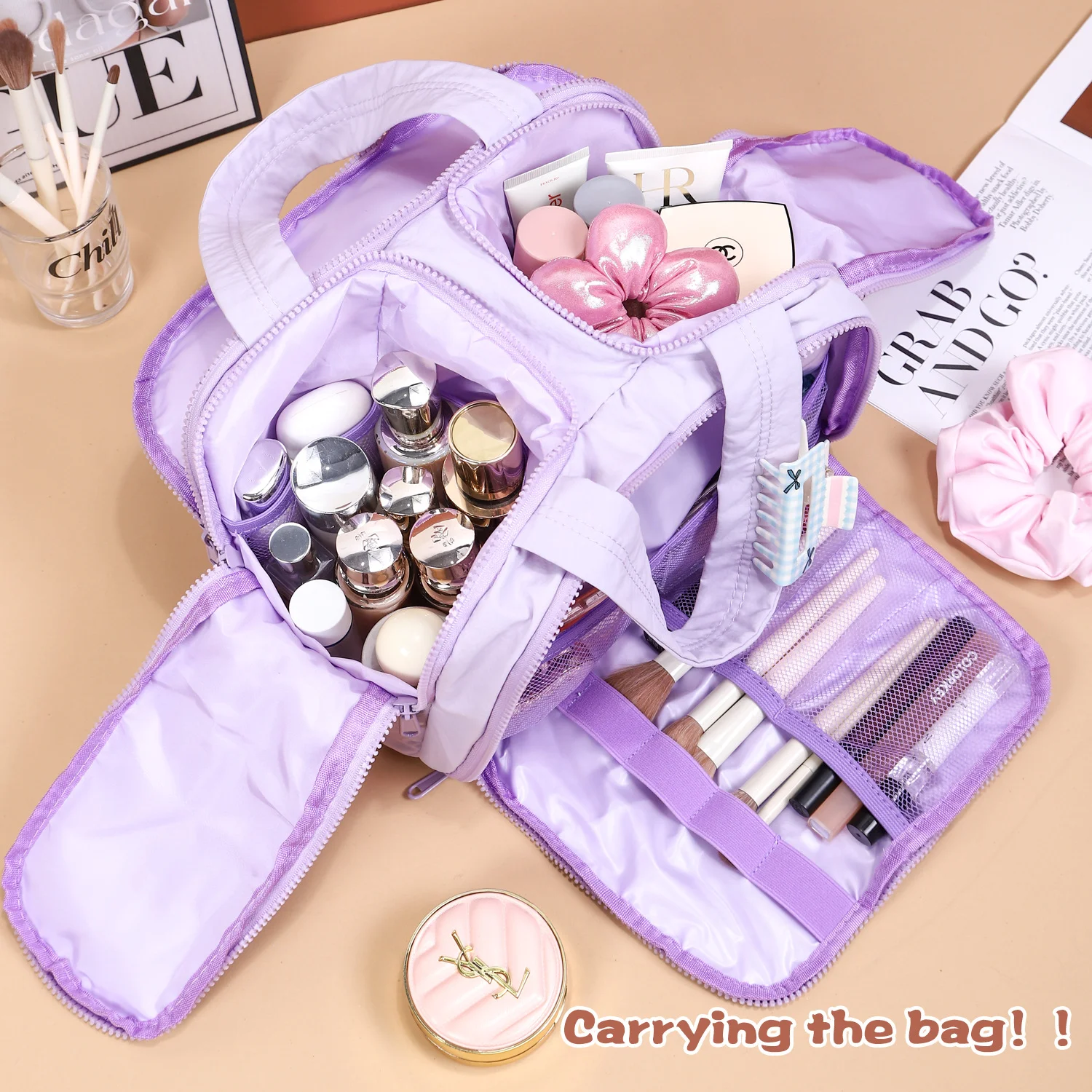 Portable Multi-Compartment Travel Toiletry & Makeup Organizer Bag with Brush Holders(Light purple)