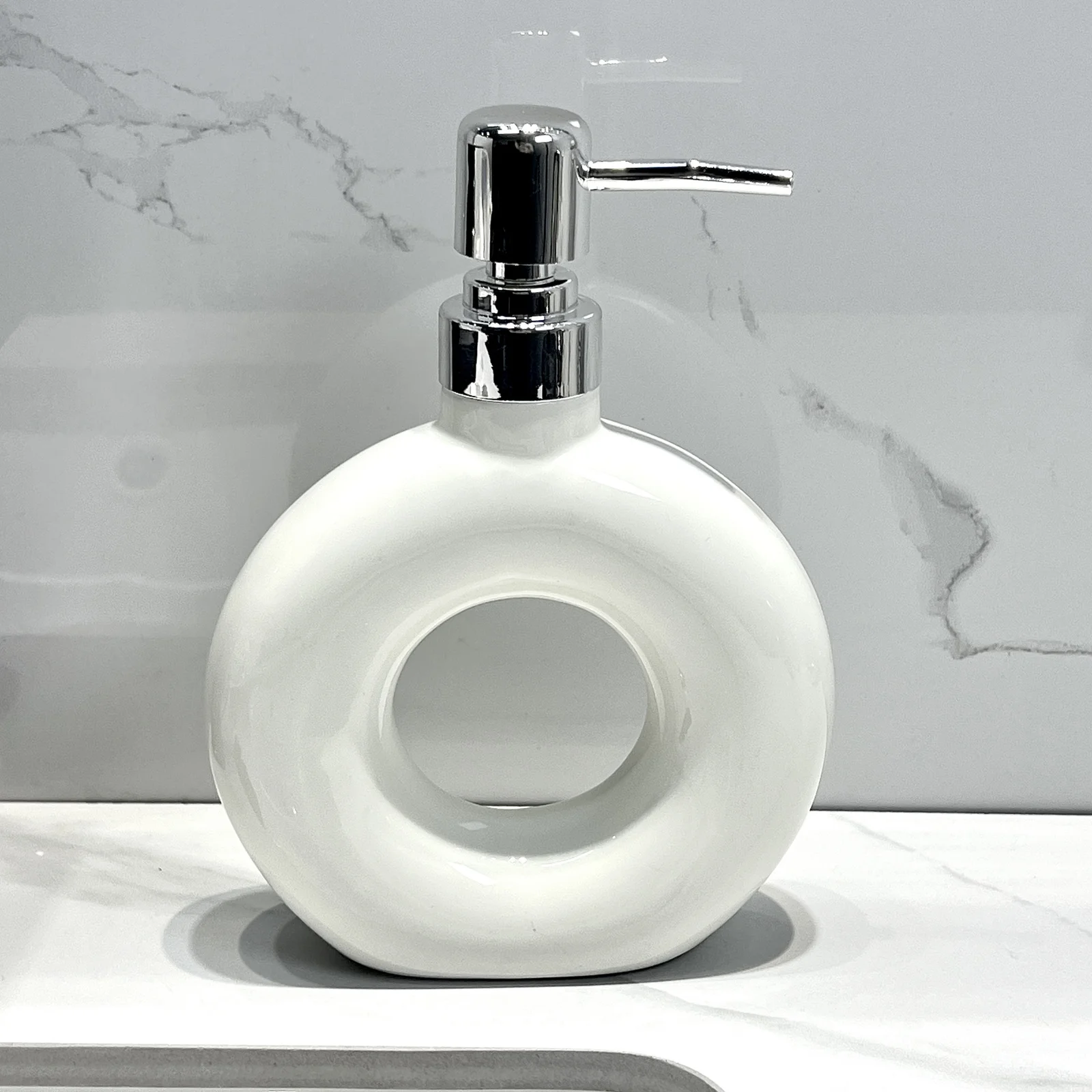 Modern Ceramic Soap & Lotion Dispenser - Unique Geometric Designs, 300ml Capacity(Donut lotion bottle milky white)