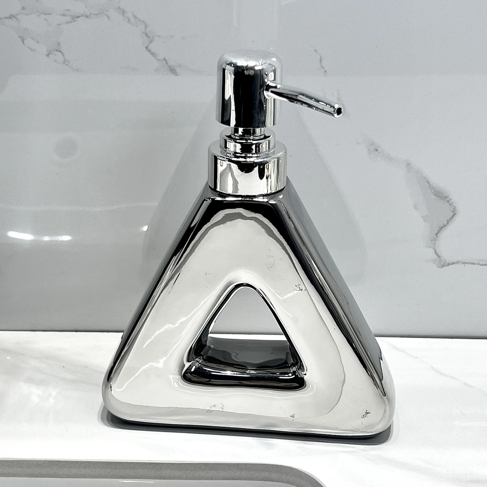 Modern Ceramic Soap & Lotion Dispenser - Unique Geometric Designs, 300ml Capacity(Triangular lotion bottle, silver)