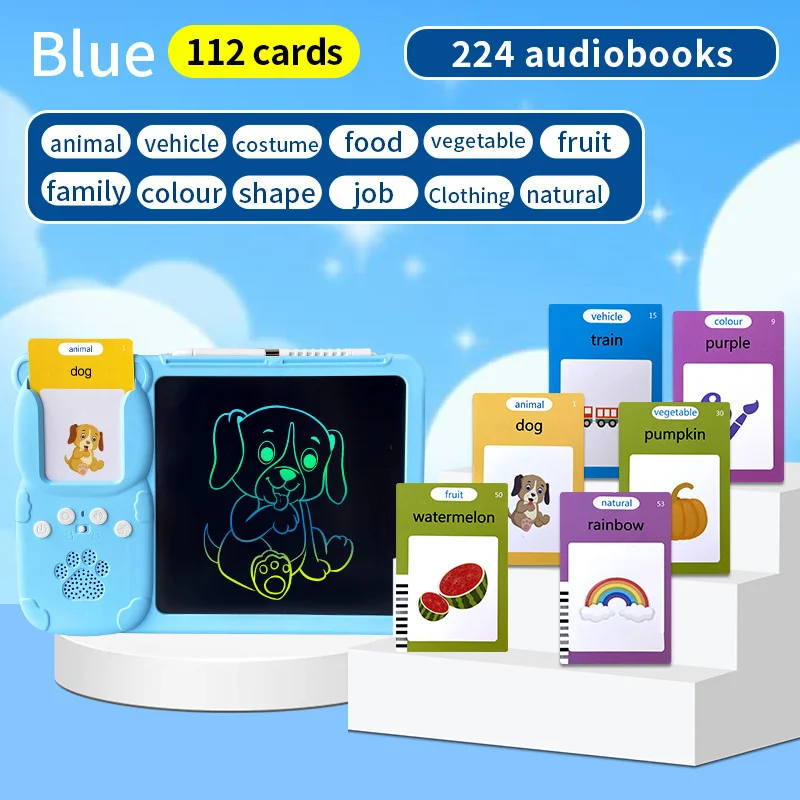 Blue (112 cards, pure English) Kids Interactive Early Education Toy: Combination Card Reader & LCD Drawing Board for Toddlers