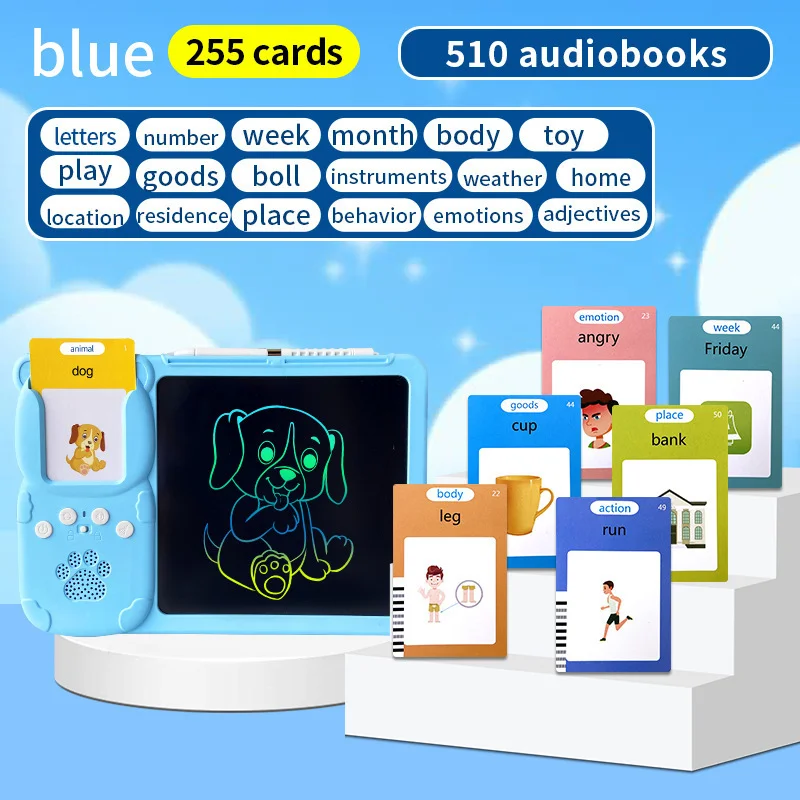 Blue (255 cards, pure English) Kids Interactive Early Education Toy: Combination Card Reader & LCD Drawing Board for Toddlers
