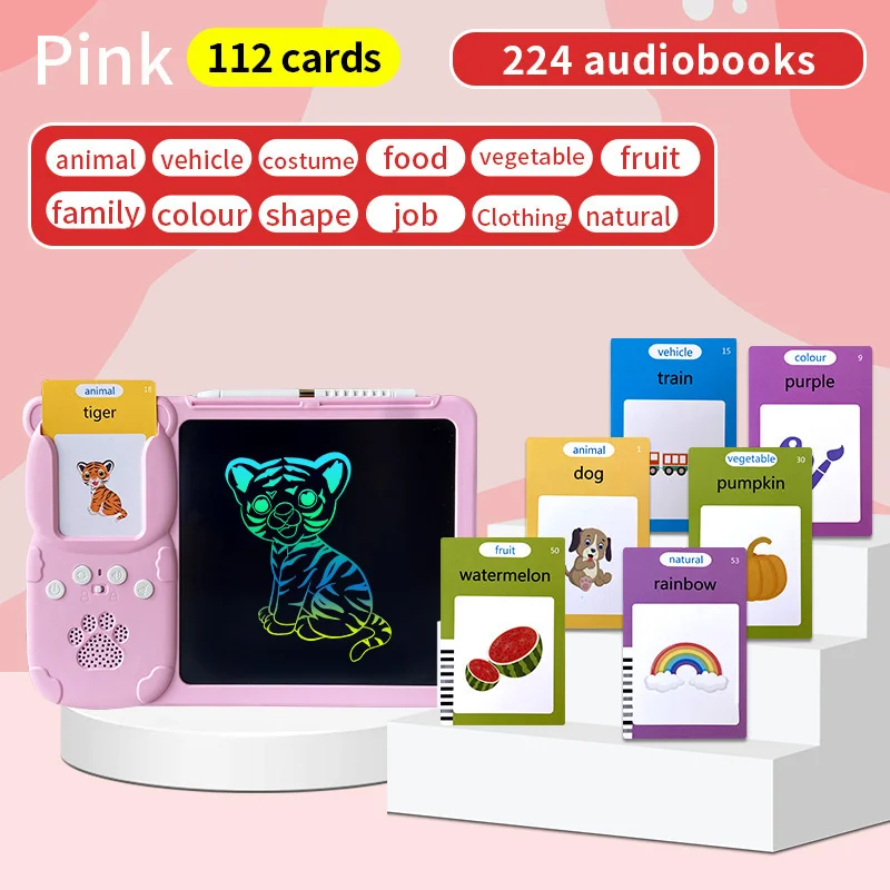 Pink (112 cards, pure English) Kids Interactive Early Education Toy: Combination Card Reader & LCD Drawing Board for Toddlers