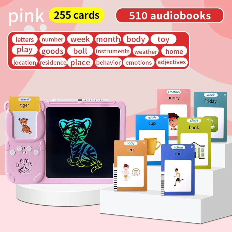 Pink (255 cards, pure English) Kids Interactive Early Education Toy: Combination Card Reader & LCD Drawing Board for Toddlers