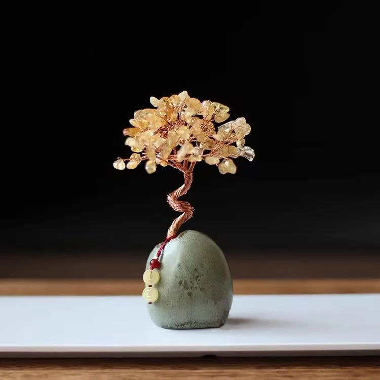 Yellow Vintage Crystal Money Tree Figurine for Home Decoration