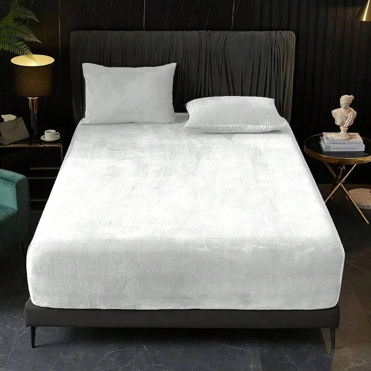 White Plush Crystal Velvet Fitted Sheet - Ultra Soft, Warm & Thick for Winter (138x190+36cm)