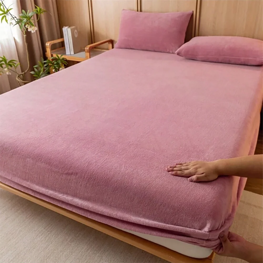 Bean paste color Plush Crystal Velvet Fitted Sheet - Ultra Soft, Warm & Thick for Winter (99x190+36cm)