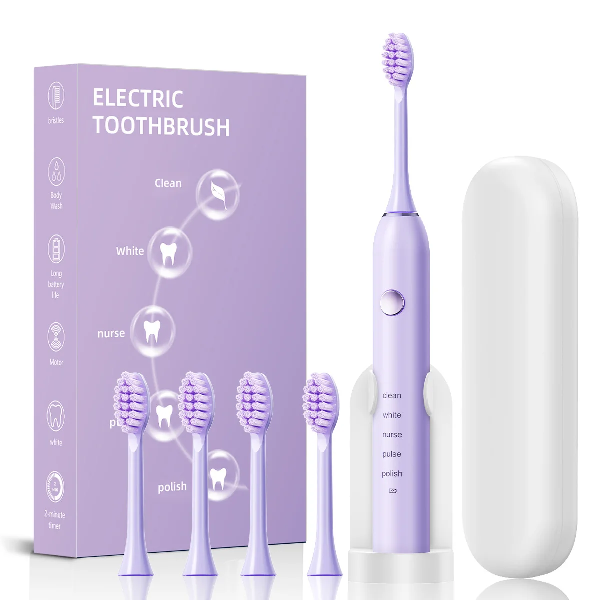Advanced Sonic Toothbrush: 5 Cleaning Modes, 2-Min Timer, USB Fast Charge, Purple (4 brush heads + bracket + toothbrush box)