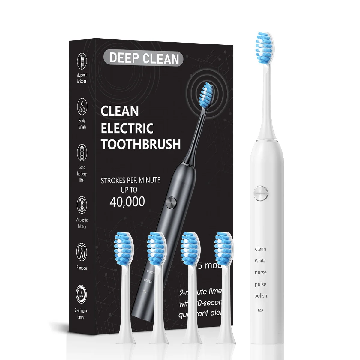 White Professional Sonic Toothbrush for Adults - 5 Modes, Smart Timer (4 brush heads)