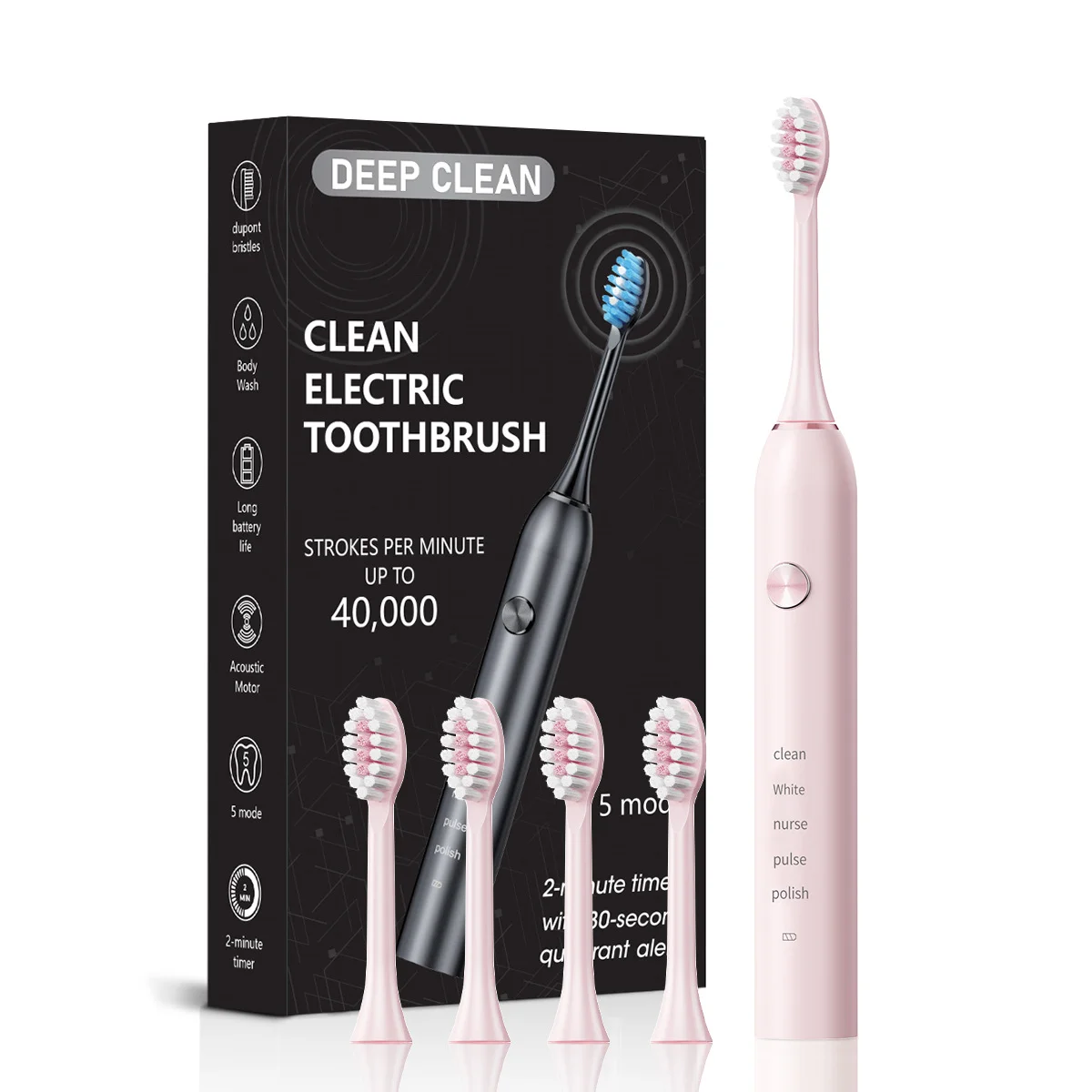 Pink Professional Sonic Toothbrush for Adults - 5 Modes, Smart Timer (4 brush heads)