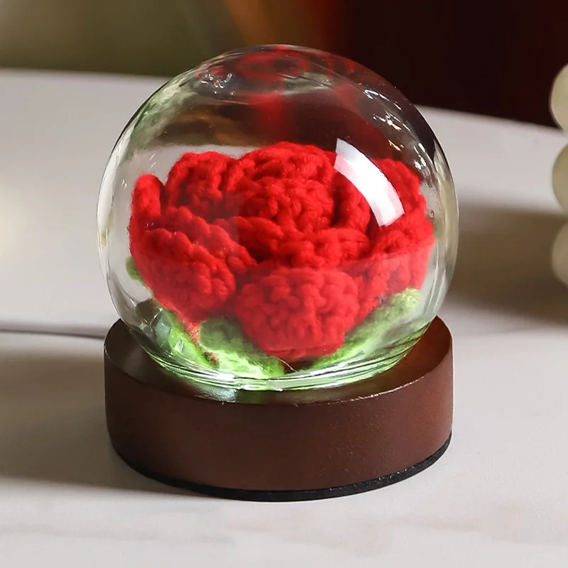 Red Rose Handcrafted Crochet Flower LED Night Light - USB Rechargeable Glass Dome Lamp with Wood Base, 3 Color Modes