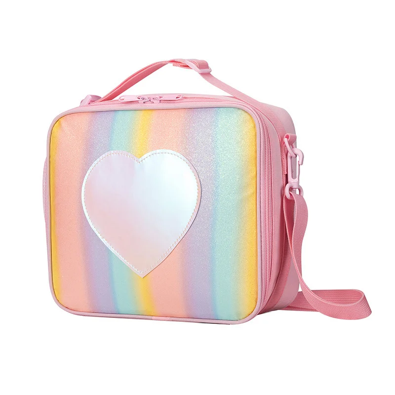 Pink Sparkling Rainbow Heart Insulated Lunch Bag for Kids - Portable School Lunch Box with Shoulder Strap
