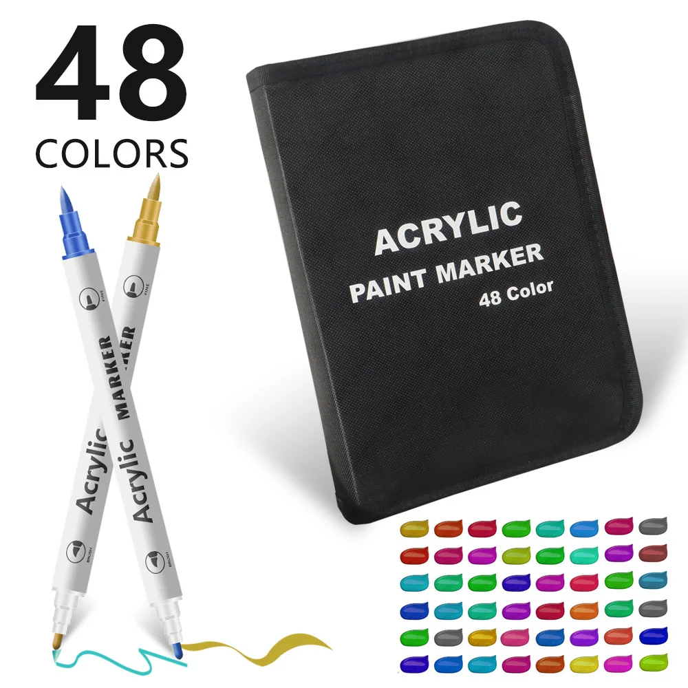 Colorful 48 Colors Dual Tip Acrylic Paint Marker Pens Set - Professional Art Markers with Carry Case for Artists, Crafts, Rock Painting
