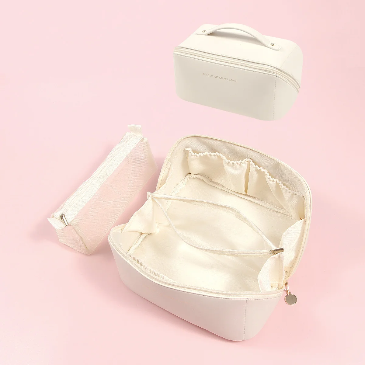 Beige Elegant PU Leather Makeup Bag & Toiletry Organizer with Detachable Mesh Pouch - Large Capacity Travel Cosmetic Case