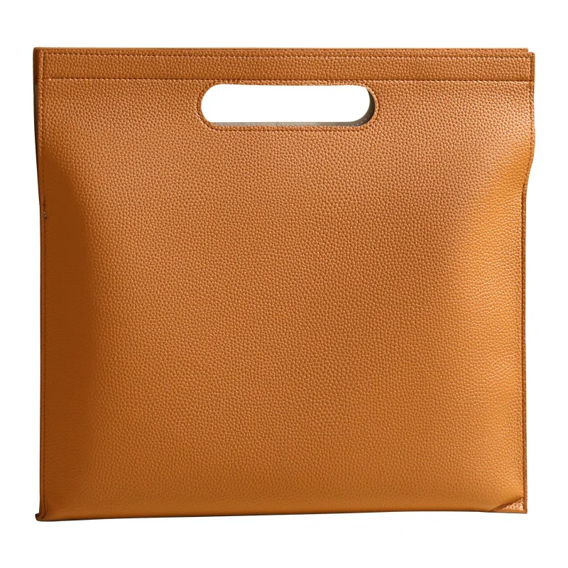 Khaki Professional A4 PU Leather Document Bag - Waterproof Handheld File Folder Portfolio for Business & Conference