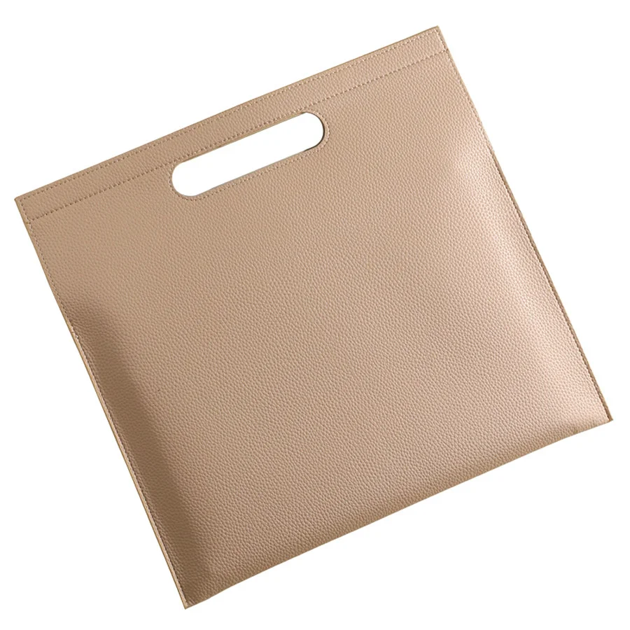 Beige Professional A4 PU Leather Document Bag - Waterproof Handheld File Folder Portfolio for Business & Conference