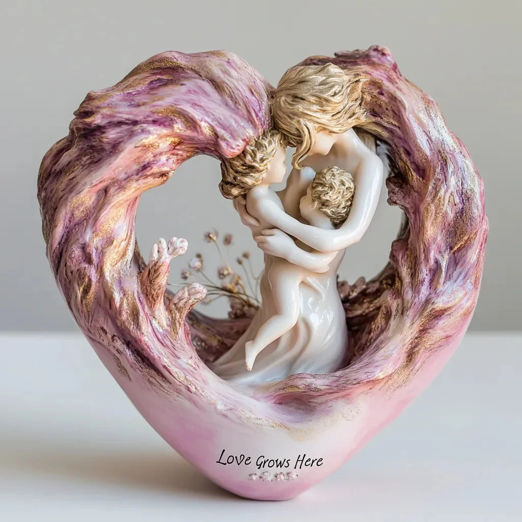 Pink Heartfelt Mother & Two Children Resin Figurine - "Love Grows Here" Decorative Home Accent Sculpture