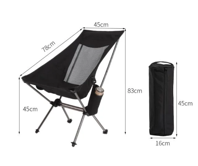 Black Lightweight Portable Folding Camping Chair - High-Back Aluminum Alloy Moon Chair with Oxford Fabric, Side Pocket & Carry Bag for Outdoor, Beach, Fishing