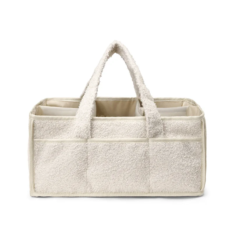 White Large Plush Nappy Caddy Organizer - Portable Diaper Storage Bin & Nursery Tote Bag