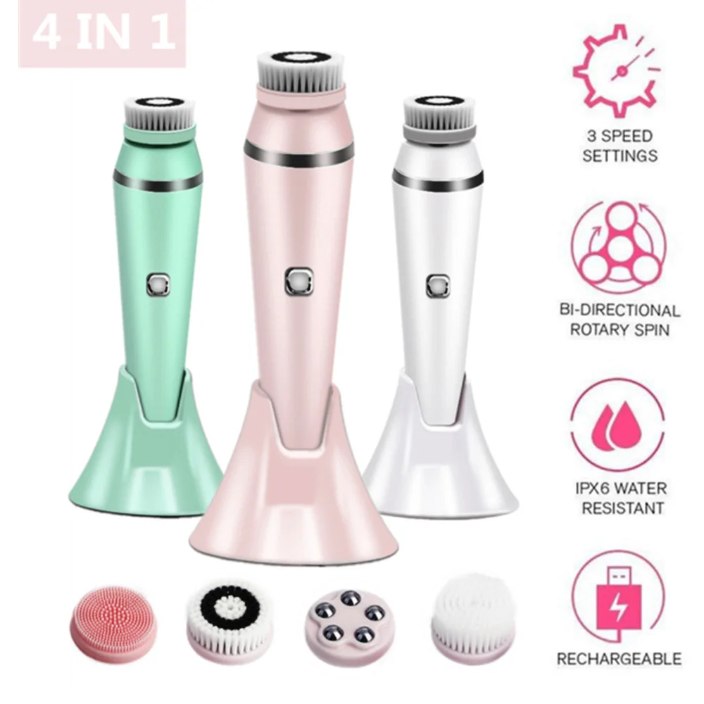 4-in-1 Electric Facial Cleansing Brush & Massager - IPX6 Waterproof, 3 Speeds, Bi-Directional Spin, USB Rechargeable(Pink)