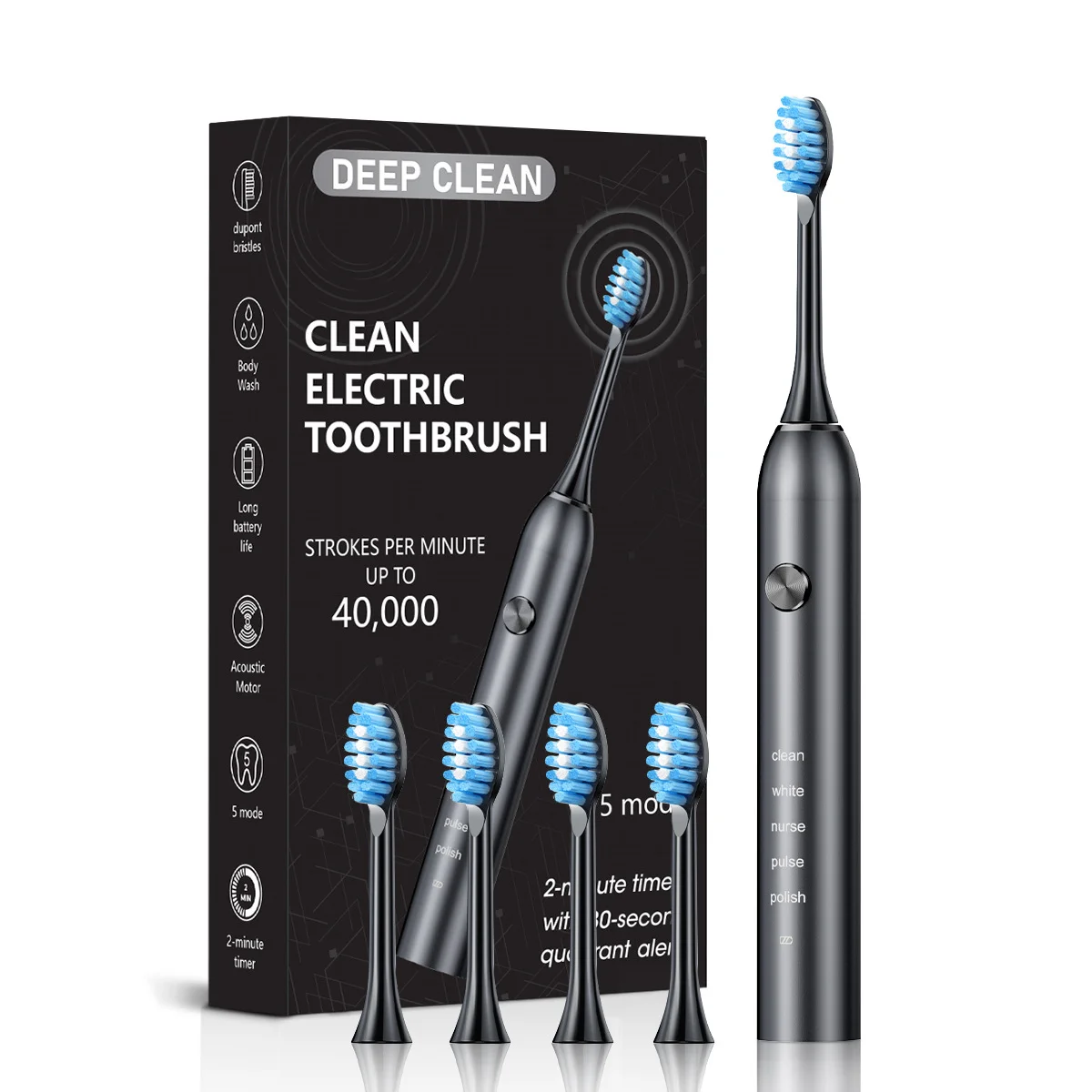 Professional Sonic Electric Toothbrush - 5 Modes, 40000 VPM, 180-Day Battery, IPX7 Waterproof with 4 Brush Heads(black)