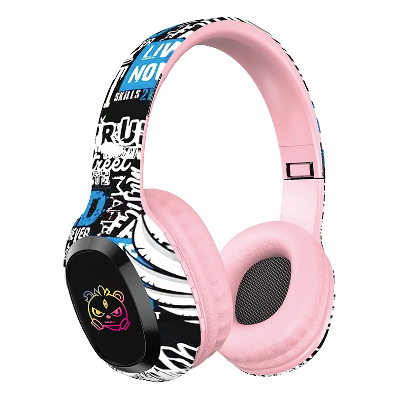 Wireless Over-Ear Headphones with Graffiti Design - Bluetooth 5.3, HIFI Sound, RGB Light, 8H Playtime(pink)