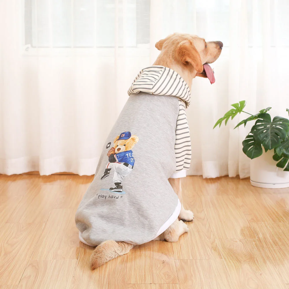 Autumn/Winter Dog Clothes - Grey Hoodie with Striped Hood & Baseball Bear (Size - L)