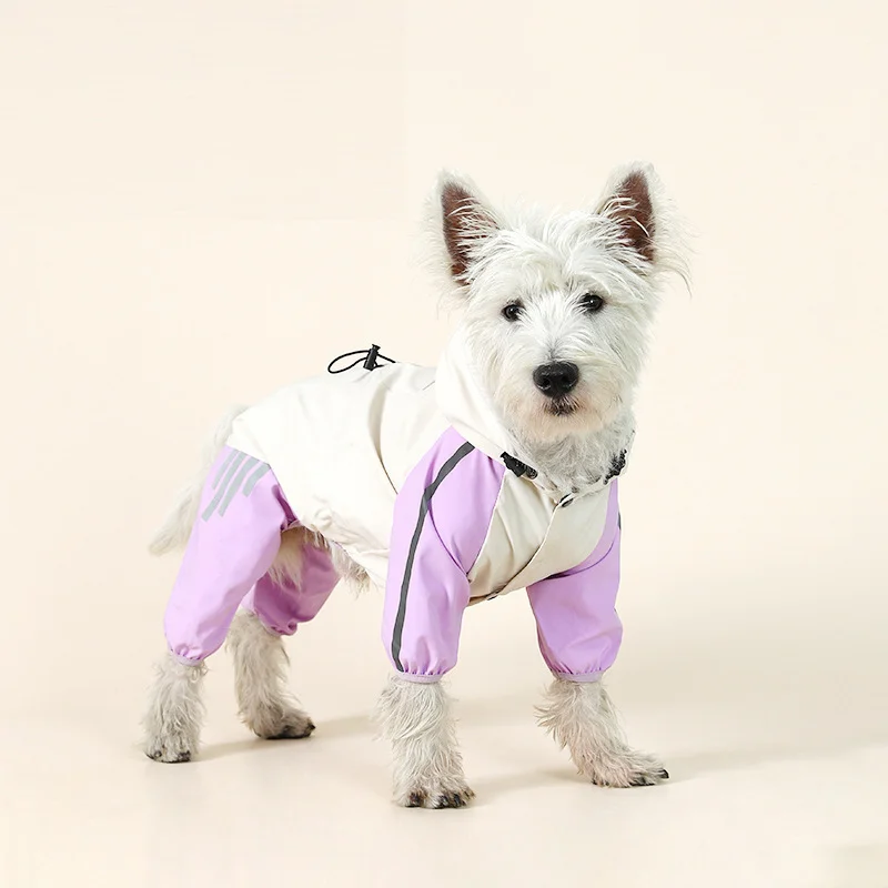 Colorblock (White Purple) Dog Raincoat - Waterproof with Hood and Reflective Strips (Size XL)