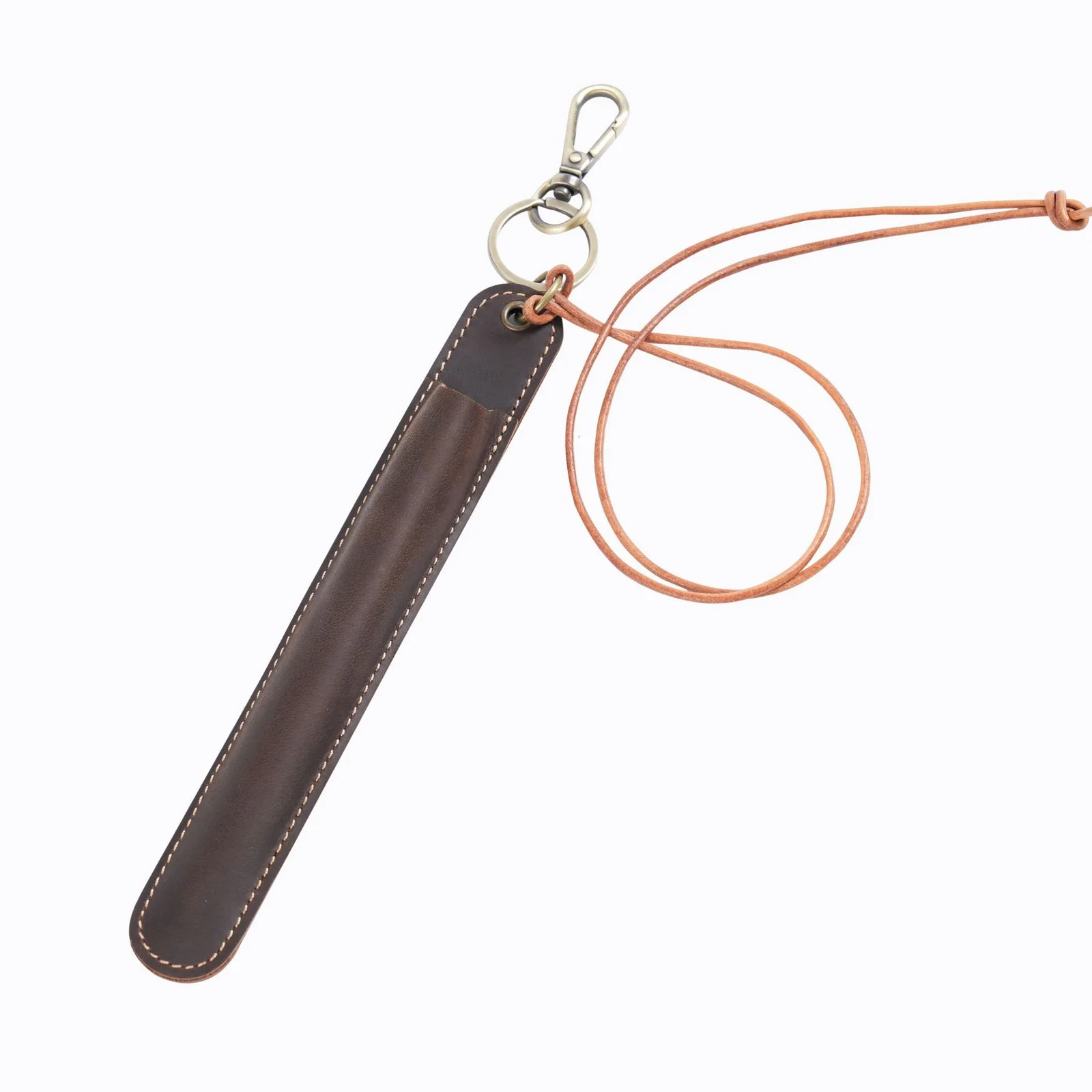 Coffee Vintage Top-Grain Leather Pen Sleeve Holder with Neck Strap - Protective Single Pen Case