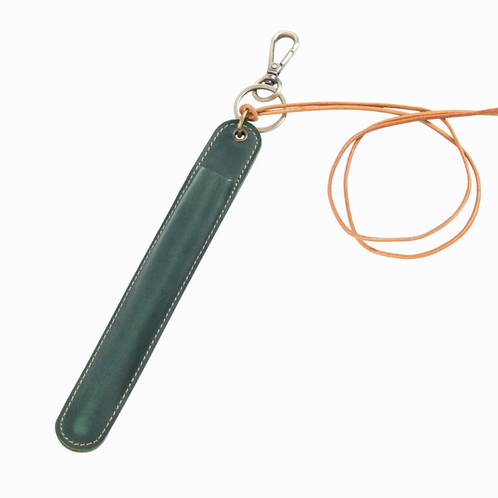 Green Vintage Top-Grain Leather Pen Sleeve Holder with Neck Strap - Protective Single Pen Case