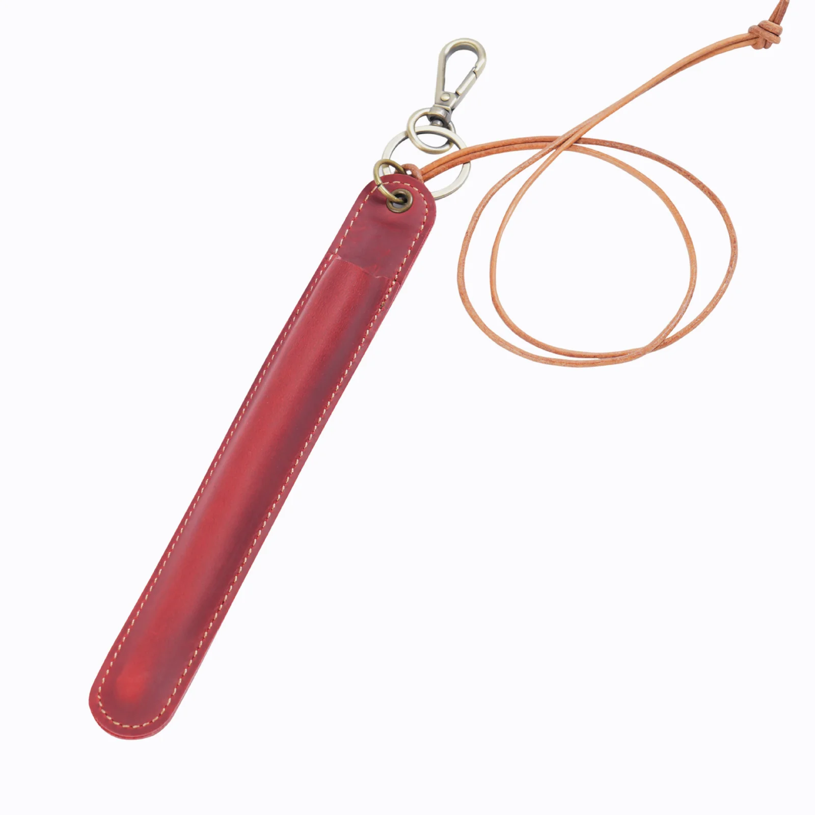 Red Vintage Top-Grain Leather Pen Sleeve Holder with Neck Strap - Protective Single Pen Case