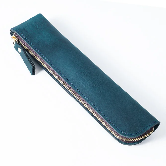 Blue Vintage Crazy Horse Leather Zippered Pen Case - Retro Pencil Pouch & Small Accessories Bag