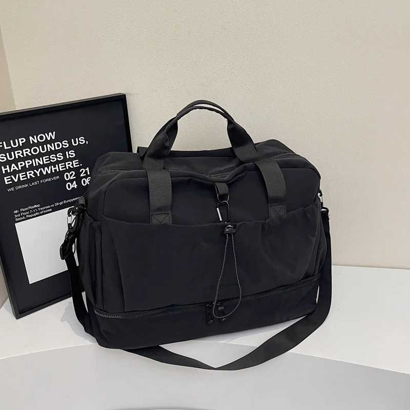 Black Large Capacity Travel Bag with Wet/Dry Separation - Canvas + Polyester, Lightweight Handbag for Short Trips and Fitness, Fits on Luggage