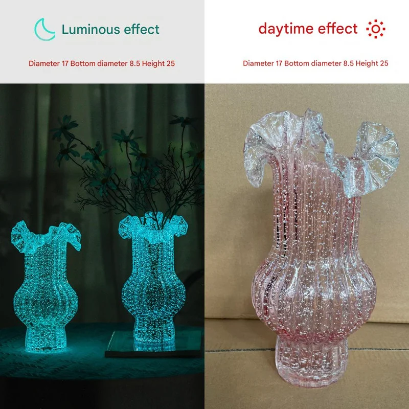 Pink Elegant Glow-in-the-Dark Glass Vase - Vintage-Style Ruffled & Ribbed Centrepiece