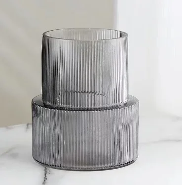 Grey Modern Two-Tier Ribbed Glass Vase - Elegant Cylindrical Flower Centrepiece for Home Decor