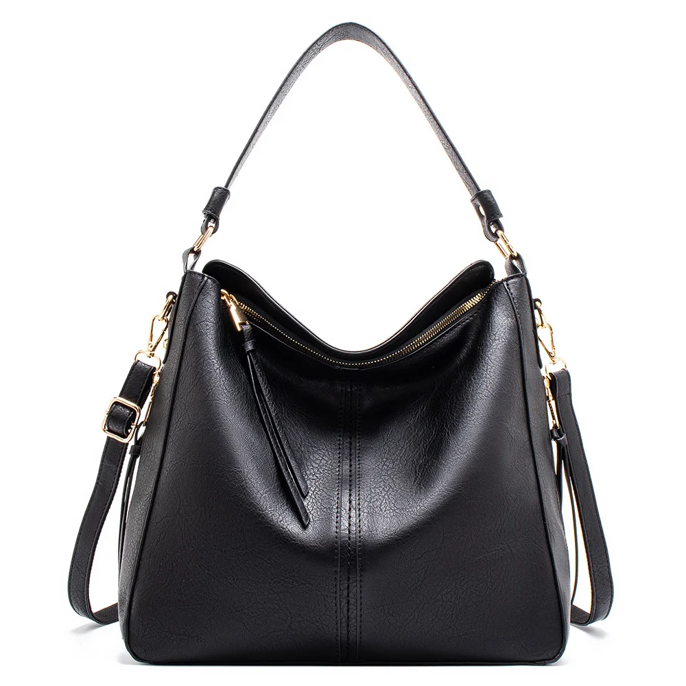 Black Womens Soft PU Leather Hobo Bag - Large Casual Tote Handbag with Adjustable Crossbody Strap