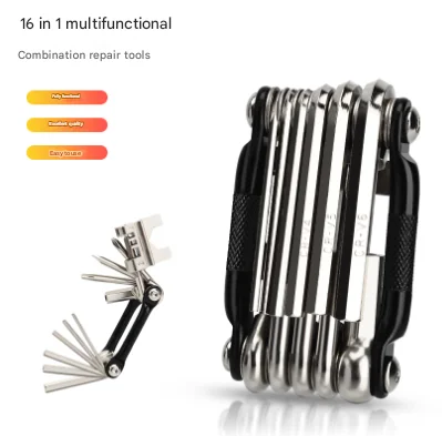 Black and Silver 16 in 1 Bicycle Repair Multi Tool - Compact Folding Bike Tool Kit with Chain Breaker for MTB Road Cycling