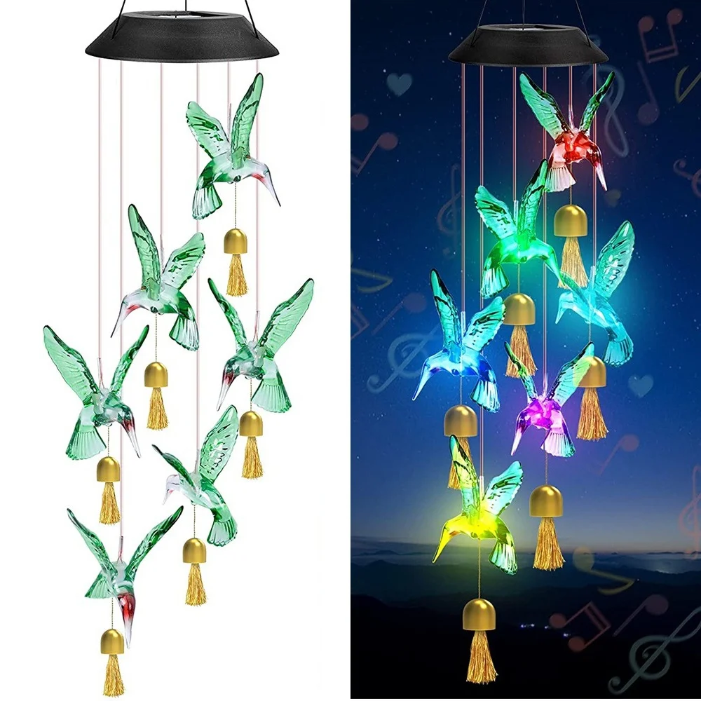 Green Solar Powered Hummingbird Wind Chime(With bell) - Color-Changing LED Hanging Garden Light Outdoor Decor