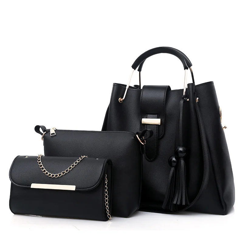 Black Chic 3-Piece Women's Handbag Set - PU Leather Tote, Crossbody Bag & Clutch Purse