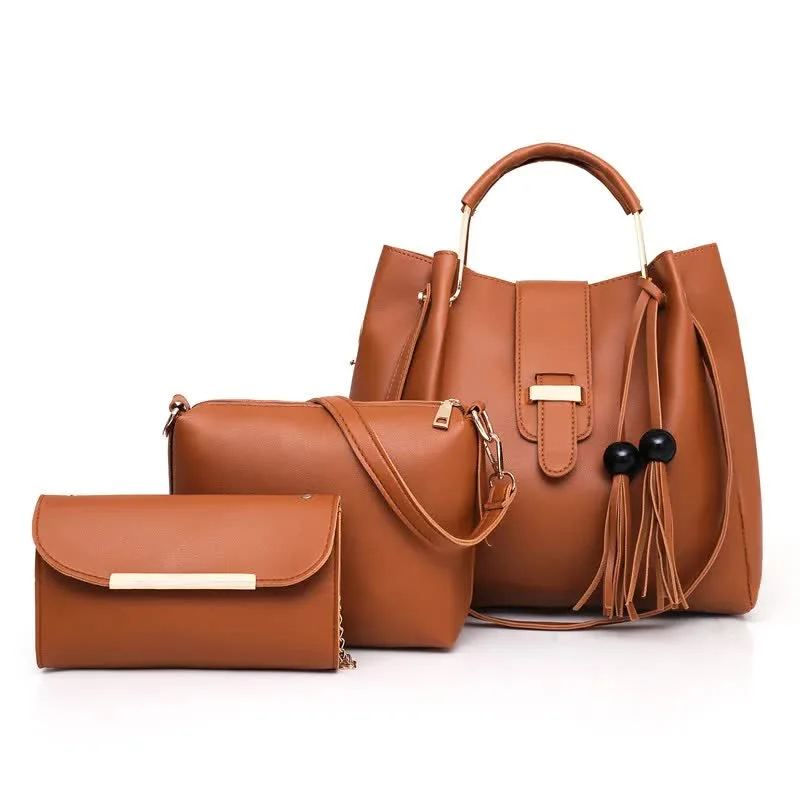 Brown Chic 3-Piece Women's Handbag Set - PU Leather Tote, Crossbody Bag & Clutch Purse